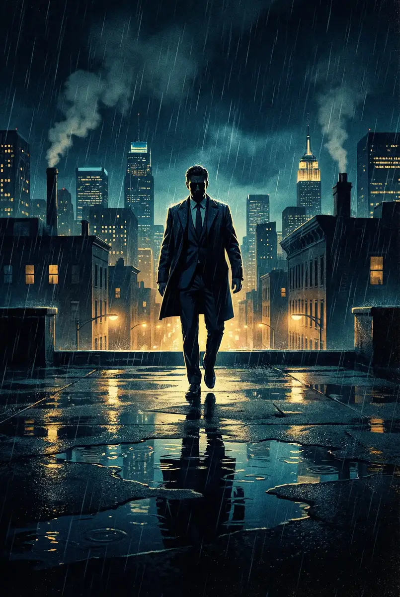 男同志王伦宝Chinese3 出品影片《雨夜独行者》海报，雨中城市屋顶男性剪影